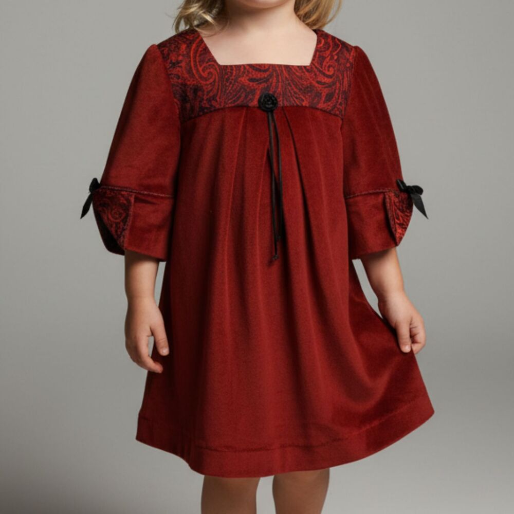 Little Girls Crimson Velour Handmade Custom Dress Size 4